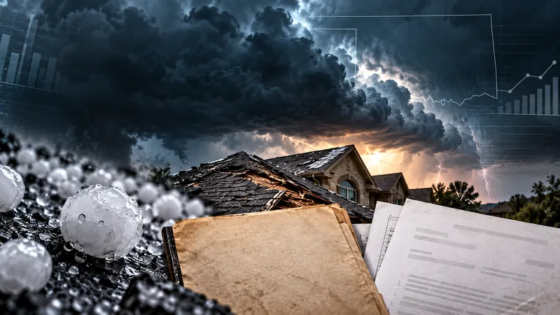 Lightning storm over a house with a badly damaged shingle roof, piles of hailstones in the foreground, printed court documents and a rising line chart overlaid on the sky.